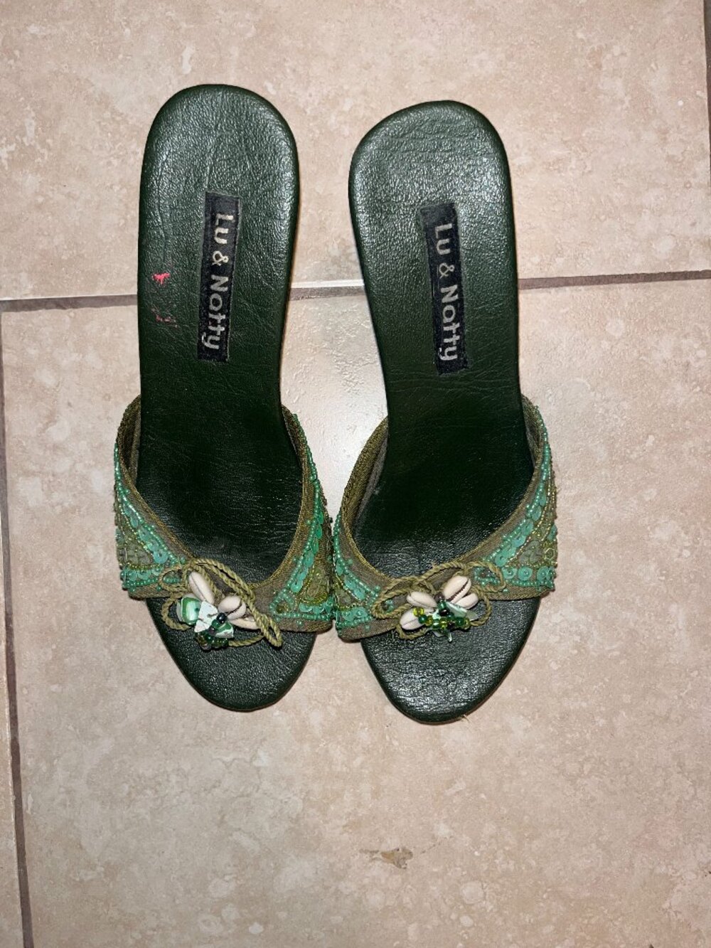 Lu & Natty Green Beaded Seashell Wedges- Size 7
